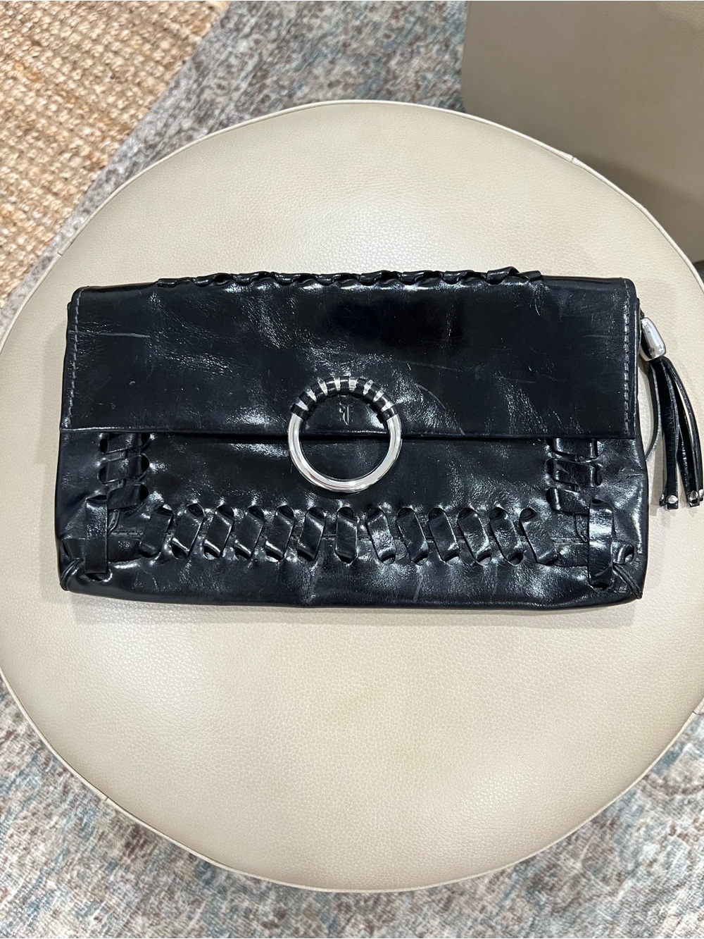 Frye Women's Black Leather Caroline Whipstitch Tassel Clutch Bag